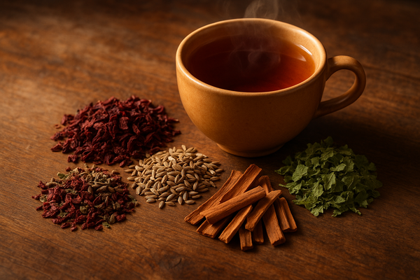 red raspberry, fennel, cinnamon bark and holy basil tea
