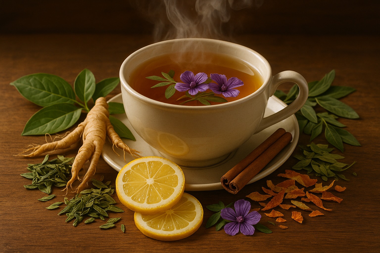  hot tea with ginseng, Senna, green tea, cinnamon, lemon, orange peel and Chinese mallow