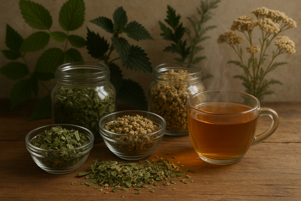 raspberry leaf, stinging nettle and yarrow tea