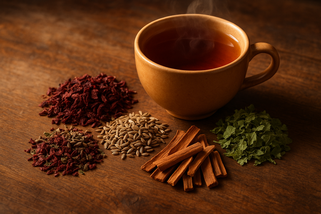 red raspberry, fennel, cinnamon bark and holy basil tea